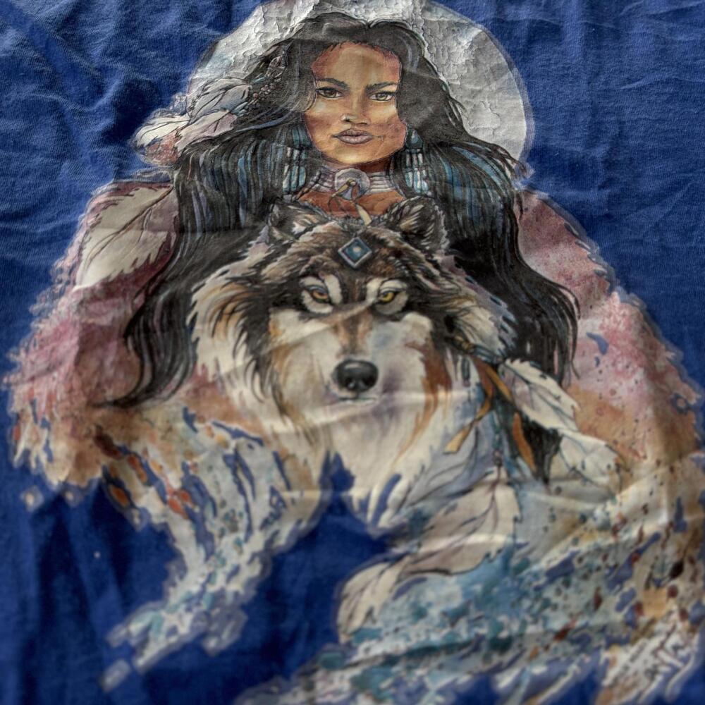 Vintage 90s Jerzees Native Art Wolf Tee Blue XL Jan Taylor Design - Picture 2 of 7